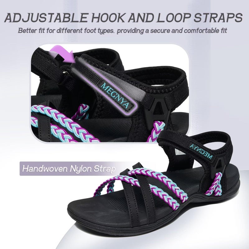 MEGNYA Women's Best Athletic Walking Sandals, Arch Support Comfortable Flexible Hiking Slides Outdoors, Adjustable Sport Sandals Colorful Hook Loop Straps Size 9 - Image 4